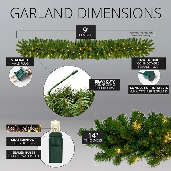 9' x 14" Sequoia Fir SoftTwinkle Prelit Commercial LED Christmas Garland, 100 Warm White Lights