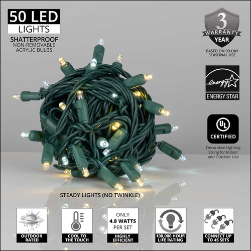 50 5mm Cool White, Warm White Champagne LED Christmas Lights, 6" Spacing