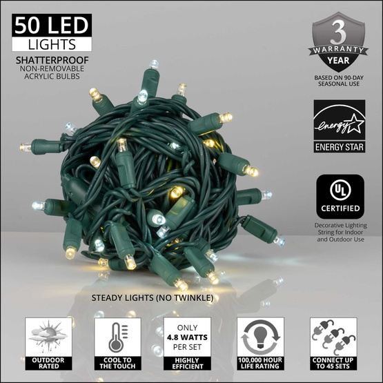 50 5mm Cool White, Warm White Champagne LED Christmas Lights, 6" Spacing