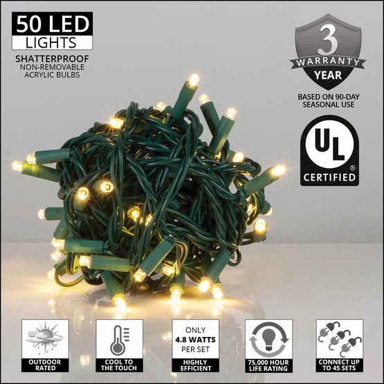50 Warm White Outdoor LED Christmas Tree Lights, Mini 5MM