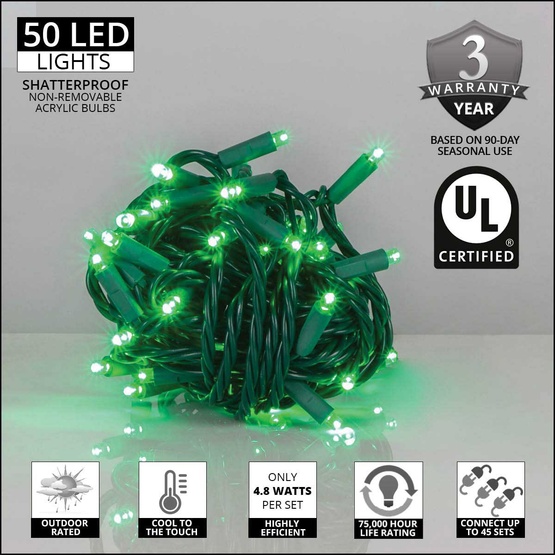 50 Green Outdoor LED Christmas Tree Lights, Mini 5MM