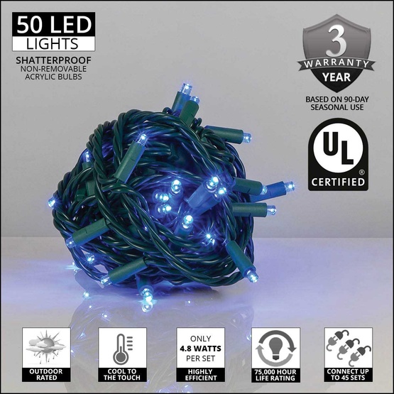 50 Blue Outdoor LED Christmas Tree Lights, Mini 5MM