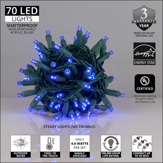 70 5mm Blue LED Christmas Lights, 4" Spacing