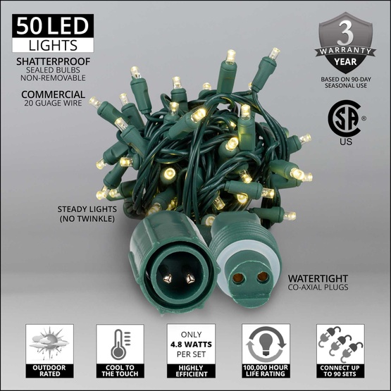 WeatherPro TM Water-Tight Commercial 50 5mm Warm White LED Christmas Lights, 4" Spacing, Contractor Pack
