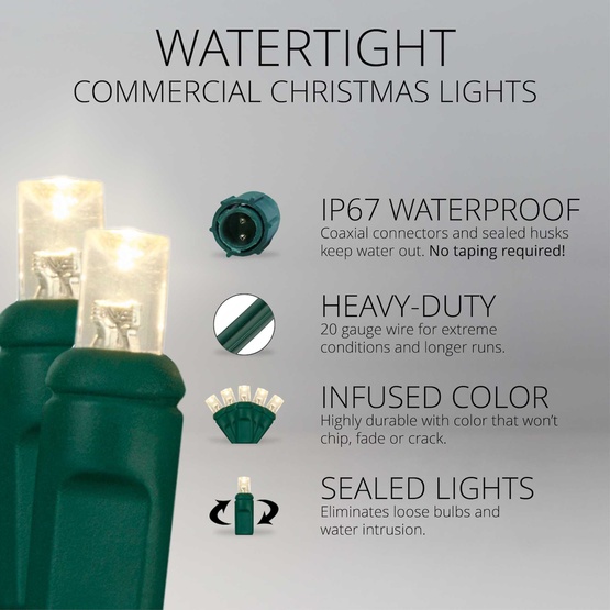 WeatherPro TM Water-Tight Commercial 50 5mm Warm White LED Christmas Lights, 4" Spacing, Contractor Pack