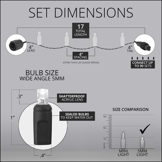 50 WeatherPRO TM 5mm Green LED Christmas Lights, 4" Spacing