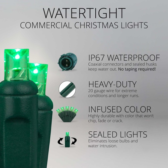 50 WeatherPRO TM 5mm Green LED Christmas Lights, 4" Spacing