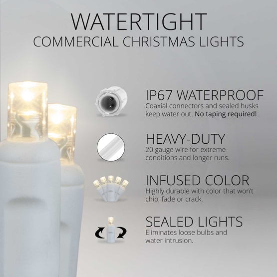 25 WeatherPRO TM 5mm Warm White LED Christmas Lights, 4" Spacing, White Wire