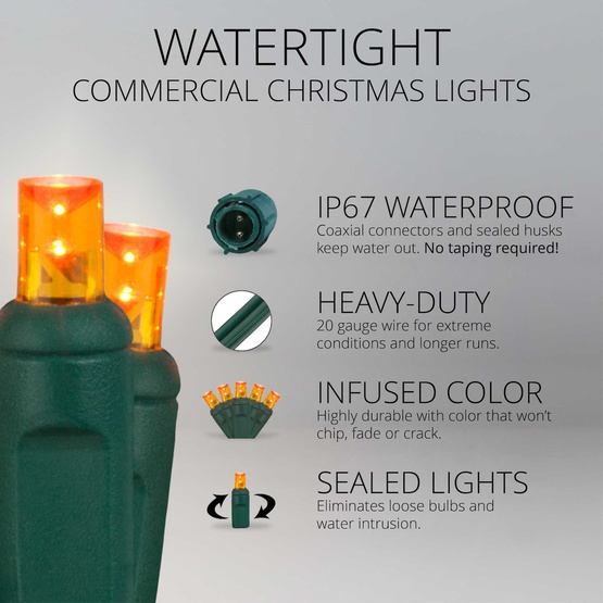 25 WeatherPRO TM 5mm Amber LED Christmas Lights, 4" Spacing