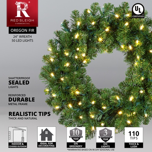 24" Pre-lit Commercial Oregon Fir LED Holiday Wreath, 50 Warm White Lights
