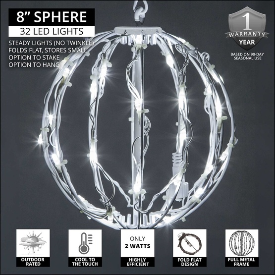 8" Cool White LED Christmas Light Ball, Fold Flat White Frame