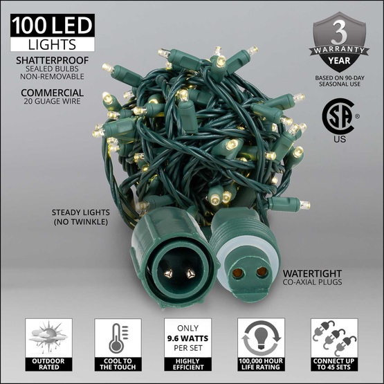 100 WeatherPRO TM 5mm Warm White LED Christmas Lights, 4" Spacing