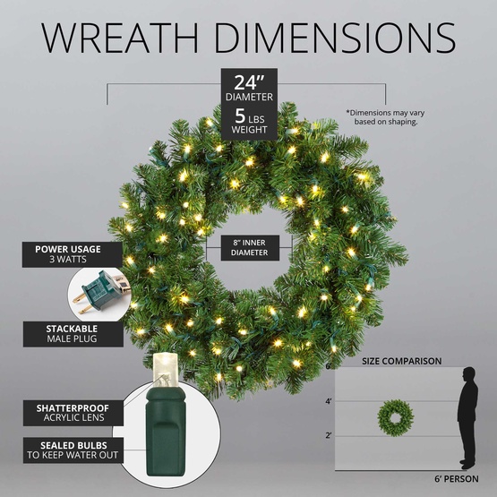 24" Pre-lit Commercial Oregon Fir LED Holiday Wreath, 50 Warm White Lights