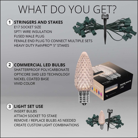 C9 Warm White OptiCore LED Christmas Pathway Lights, 25 Lights, 25', 5 Inch PathPRO Stakes