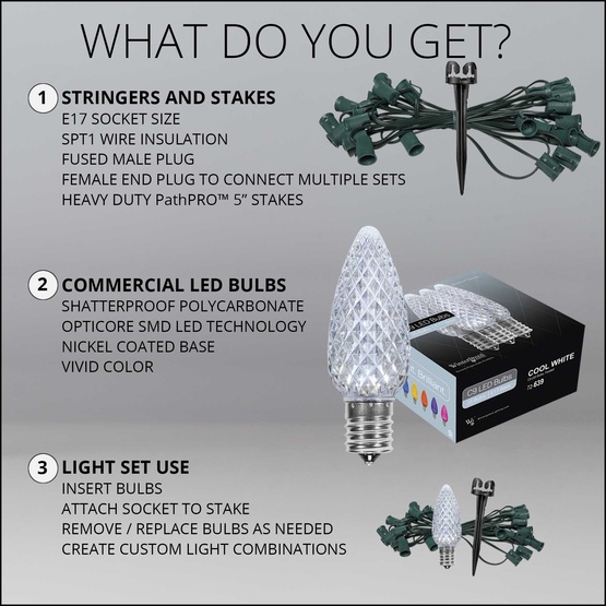 C9 Cool White OptiCore LED Christmas Pathway Lights, 25 Lights, 25', 5 Inch PathPRO Stakes