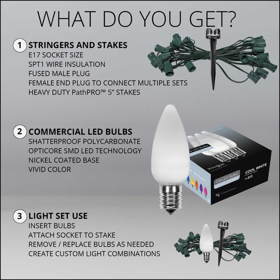 C9 Cool White Smooth OptiCore LED Christmas Pathway Lights, 25 Lights, 25', 5 Inch PathPRO Stakes