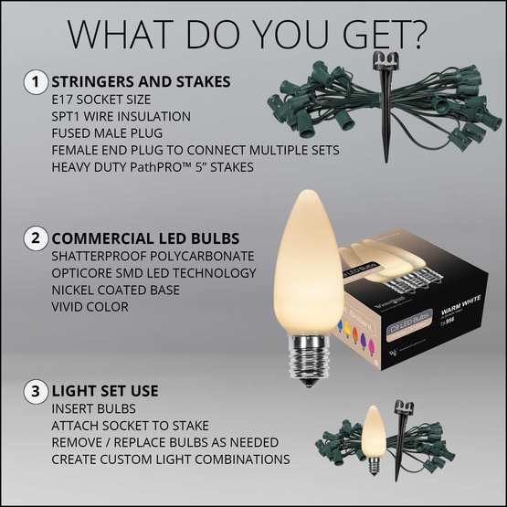 C9 Warm White Smooth OptiCore LED Christmas Pathway Lights, 25 Lights, 25', 5 Inch PathPRO Stakes