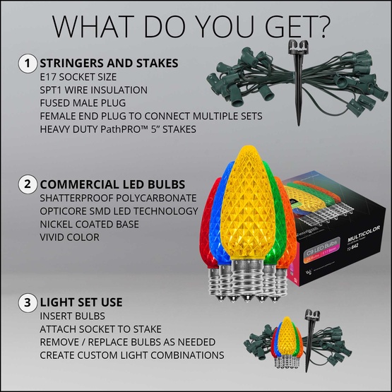 C9 Multicolor OptiCore LED Christmas Pathway Lights, 25 Lights, 25', 5 Inch PathPRO Stakes