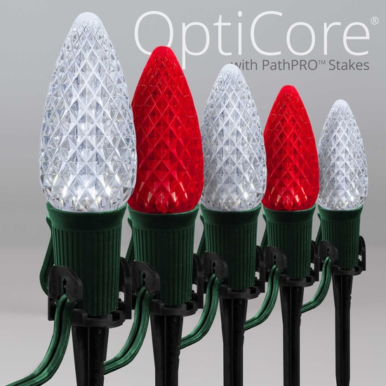 C9 Cool White / Red OptiCore LED Christmas Pathway Lights, 50 Lights, 50', 5 Inch PathPRO Stakes