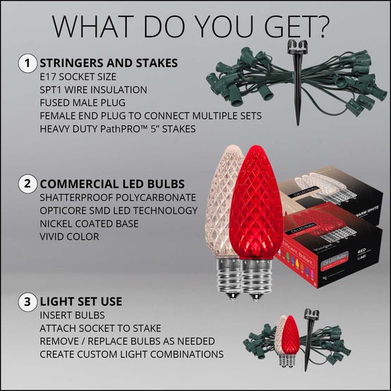 C9 Red / Warm White OptiCore LED Pathway Lights, 50 Lights, 50', 5 Inch PathPRO Stakes