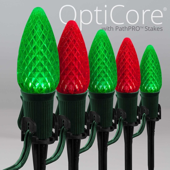 C9 Green / Red OptiCore LED Christmas Pathway Lights, 50 Lights, 50', 5 Inch PathPRO Stakes