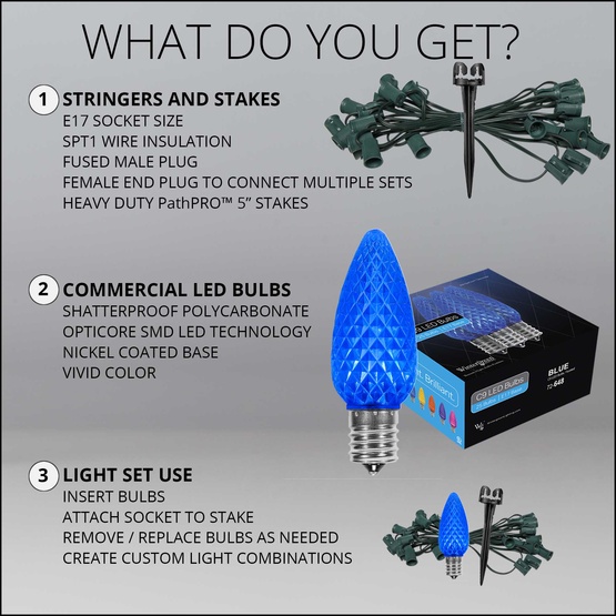C9 Blue OptiCore LED Christmas Pathway Lights, 25 Lights, 25', 5 Inch PathPRO Stakes