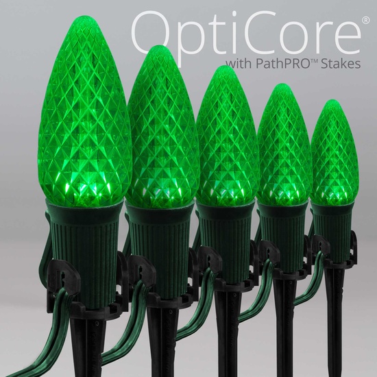 C9 Green OptiCore LED Christmas Pathway Lights, 25 Lights, 25', 5 Inch PathPRO Stakes