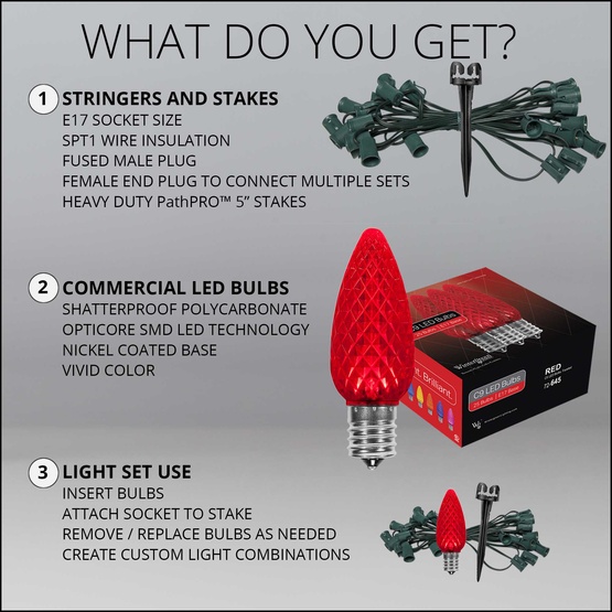 C9 Red OptiCore LED Christmas Pathway Lights, 25 Lights, 25', 5 Inch PathPRO Stakes