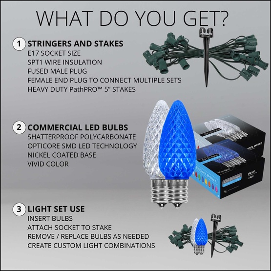 C9 Blue / Cool White OptiCore LED Christmas Pathway Lights, 50 Lights, 50', 5 Inch PathPRO Stakes