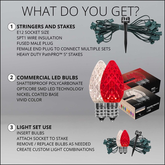C7 Red / Warm White OptiCore LED Christmas Pathway Lights, 50 Lights, 50', 5 Inch PathPRO Stakes