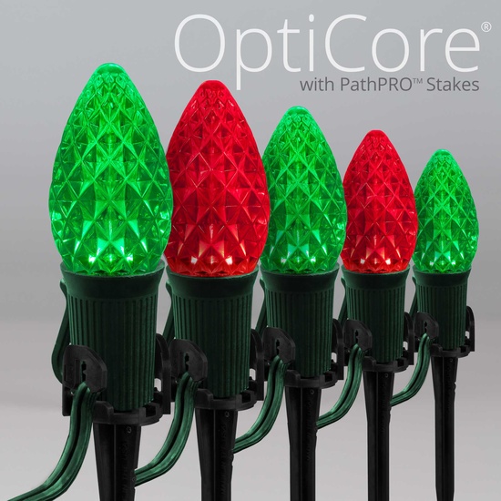 C7 Green / Red OptiCore LED Christmas Pathway Lights, 50 Lights, 50', 5 Inch PathPRO Stakes