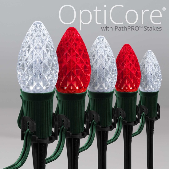 C7 Cool White / Red OptiCore LED Christmas Pathway Lights, 50 Lights, 50', 5 Inch PathPRO Stakes