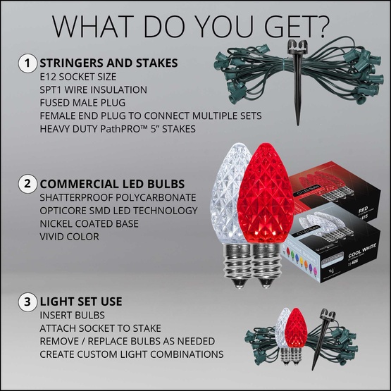 C7 Cool White / Red OptiCore LED Christmas Pathway Lights, 50 Lights, 50', 5 Inch PathPRO Stakes