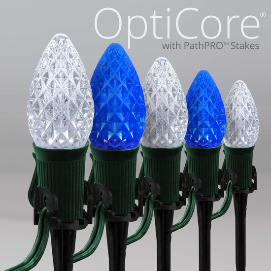 C7 Blue / Cool White OptiCore LED Christmas Pathway Lights, 50 Lights, 50', 5 Inch PathPRO Stakes