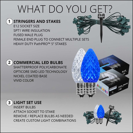 C7 Blue / Cool White OptiCore LED Christmas Pathway Lights, 50 Lights, 50', 5 Inch PathPRO Stakes