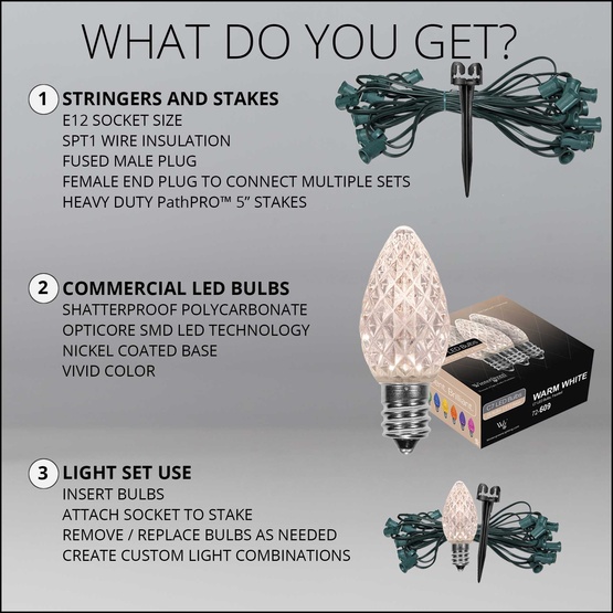 C7 Warm White OptiCore LED Christmas Pathway Lights, 25 Lights, 25', 5 Inch PathPRO Stakes