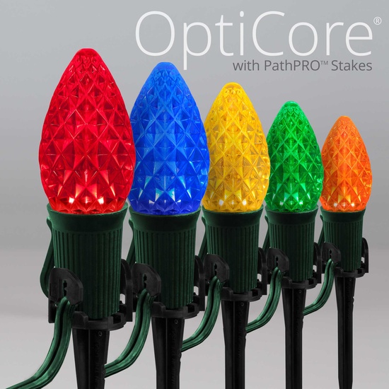C7 Multicolor OptiCore LED Christmas Pathway Lights, 25 Lights, 25', 5 Inch PathPRO Stakes