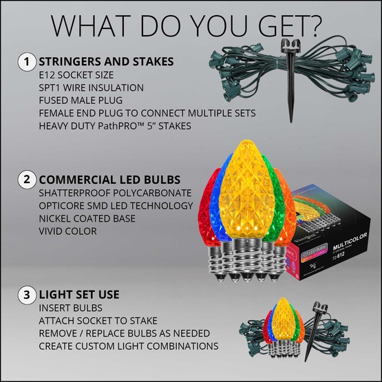 C7 Multicolor OptiCore LED Christmas Pathway Lights, 25 Lights, 25', 5 Inch PathPRO Stakes