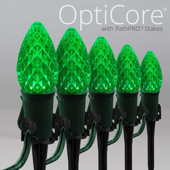 C7 Green OptiCore LED Christmas Pathway Lights, 25 Lights, 25', 5 Inch PathPRO Stakes