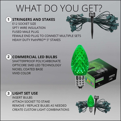 C7 Green OptiCore LED Pathway Lights, 25 Lights, 25', 5 Inch PathPRO Stakes