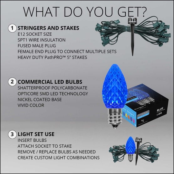 C7 Blue OptiCore LED Christmas Pathway Lights, 25 Lights, 25', 5 Inch PathPRO Stakes