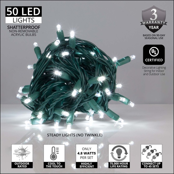 50 Cool White Outdoor LED Christmas Tree Lights, Mini 5MM, 4" Spacing