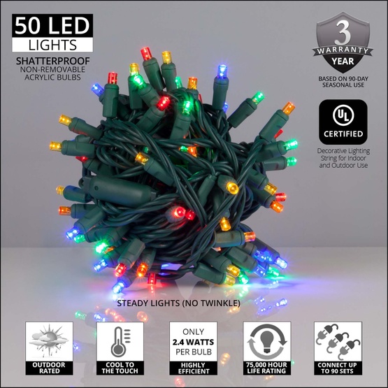 50 Multi Color Outdoor LED Christmas Tree Lights, Mini 5MM, 4" Spacing