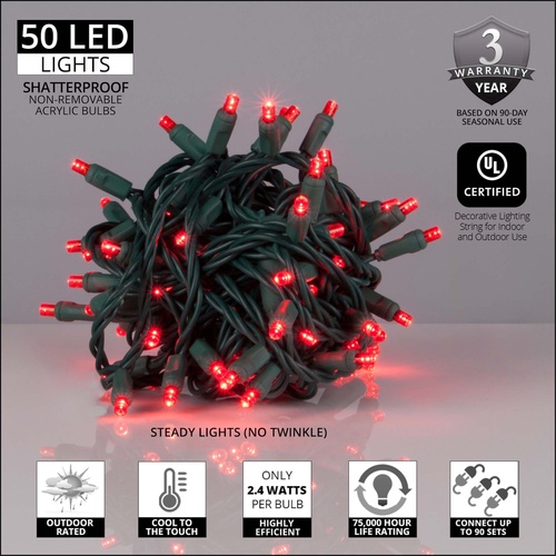 50 Red Outdoor LED Christmas Tree Lights, Mini 5MM, 4" Spacing