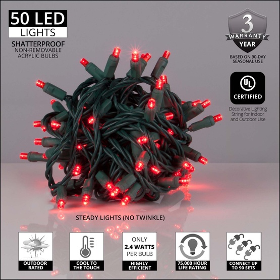 50 Red Outdoor LED Christmas Tree Lights, Mini 5MM, 4" Spacing