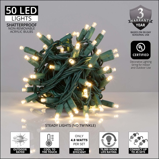 50 Warm White Outdoor LED Christmas Tree Lights, 4" Spacing