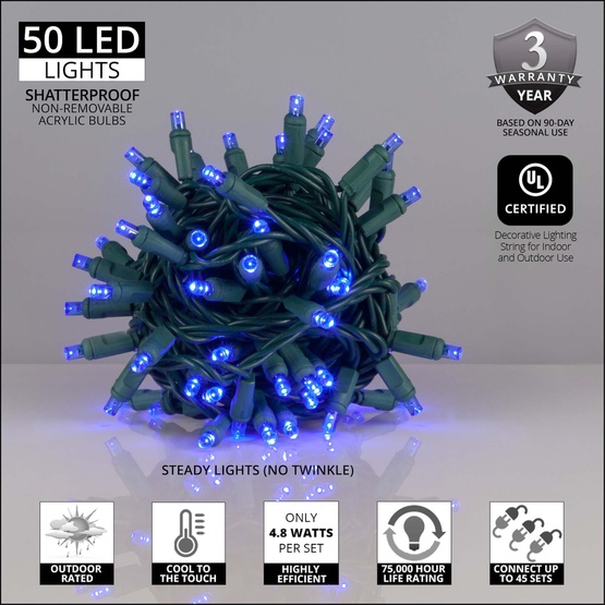 50 Blue Outdoor LED Christmas Tree Lights, Mini 5MM, 4" Spacing