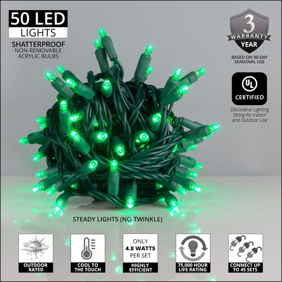 50 Green Outdoor LED Christmas Tree Lights, Mini 5MM, 4" Spacing