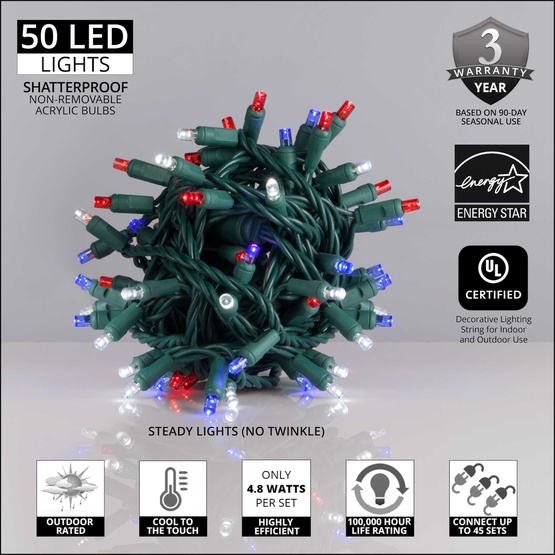 50 5mm LED Patriotic Red, White and Blue Lights, 6" Spacing