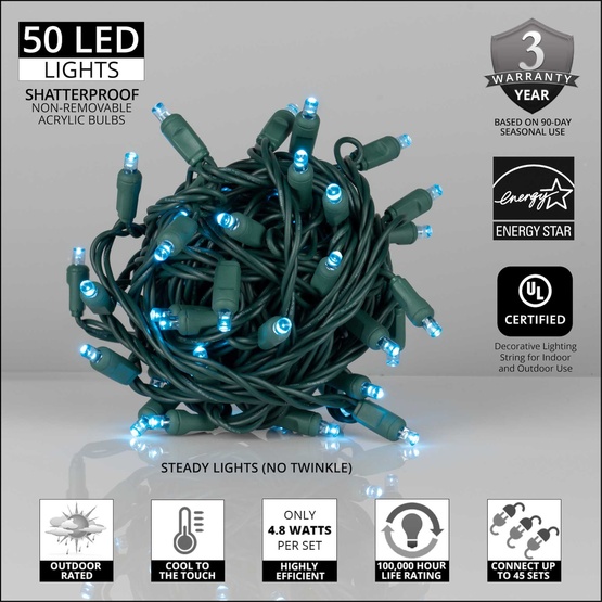 50 5mm Teal LED Christmas Lights, 6" Spacing